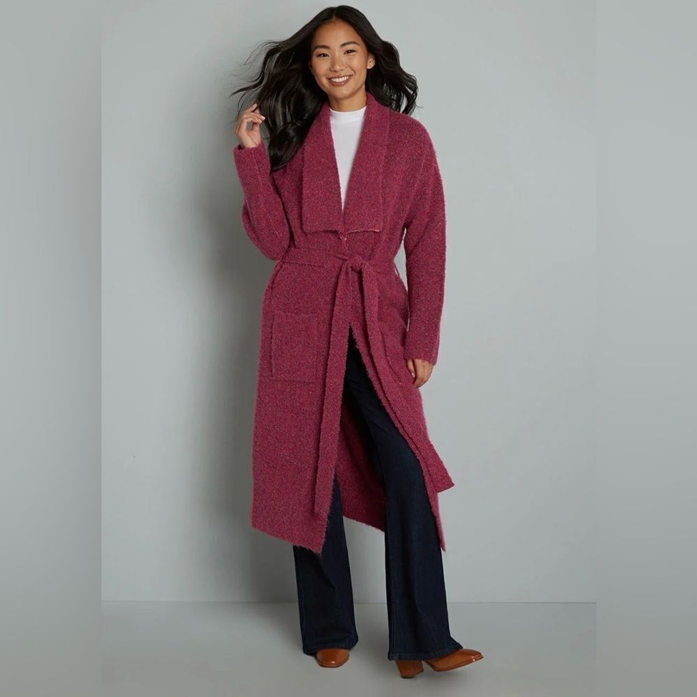 Modcloth Fuzzy Plush Cozy Does It Belted Cardigan Coat Pink Berry Multi L NWT